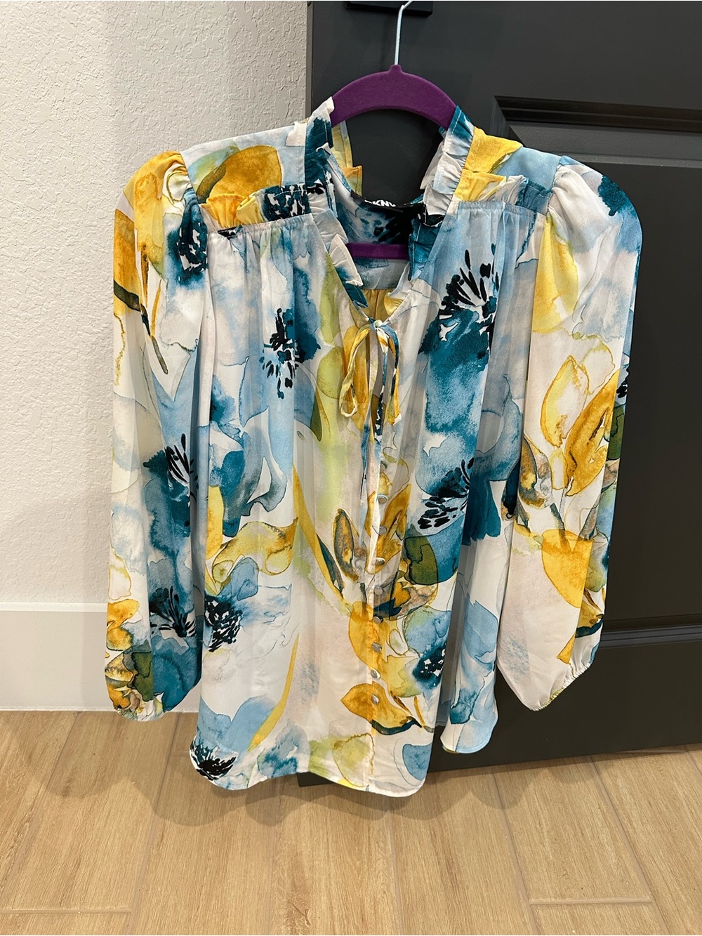 DKNY Floral Tie-Neck Blouse - Blue & Yellow